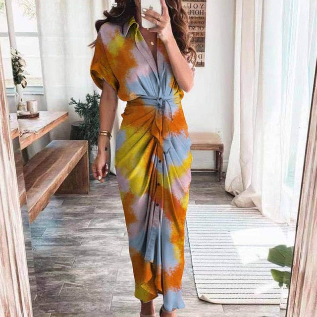 Women Summer Elegant Button Ruched Bandage Shirt Dress Fashion Casual Short Sleeve Solid V Neck Beach Maxi Dress