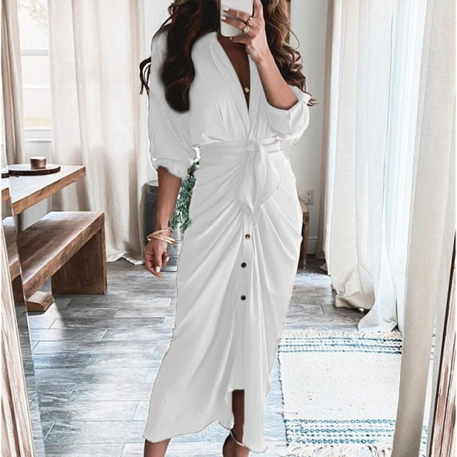 Women Summer Elegant Button Ruched Bandage Shirt Dress Fashion Casual Short Sleeve Solid V Neck Beach Maxi Dress