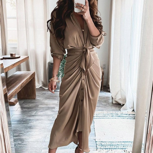 Women Summer Elegant Button Ruched Bandage Shirt Dress Fashion Casual Short Sleeve Solid V Neck Beach Maxi Dress