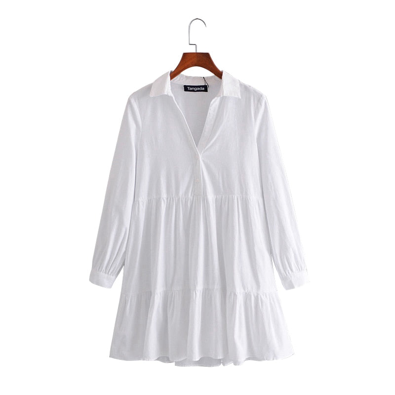 Tangada 2021 Fashion Women Elegant White Pleated Shirt Dress Long Sleeve Office Ladies Mini Dress 3H60