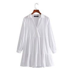Tangada 2021 Fashion Women Elegant White Pleated Shirt Dress Long Sleeve Office Ladies Mini Dress 3H60