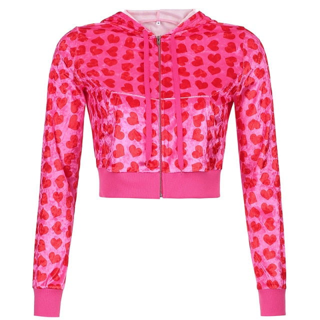 HEYounGIRL Velvet Heart Print Cropped Top Bomber Jacket Women Autumn Cute Pink Long Sleeve Coats Zipper Winter Y2K 90s Overcoat