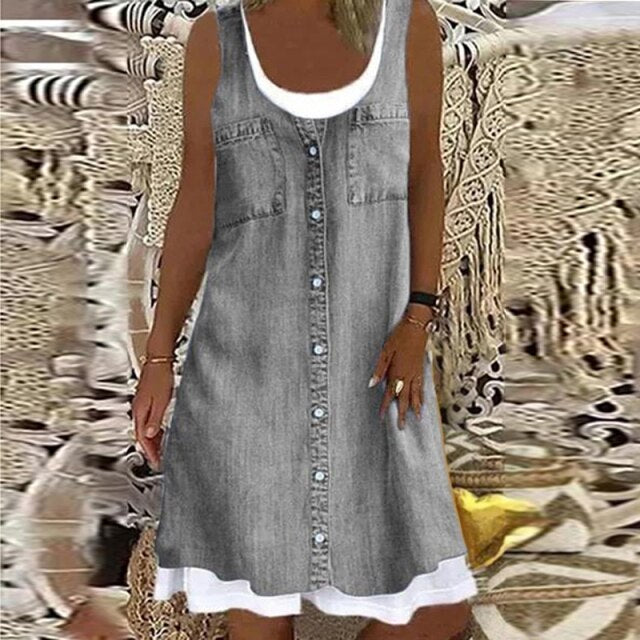 Women Summer Casual Denim Printing Sleeveless Dress 2021 Ladies Elegant O Neck Loose Mini Dress Streetwear Plus Size Retro Dress