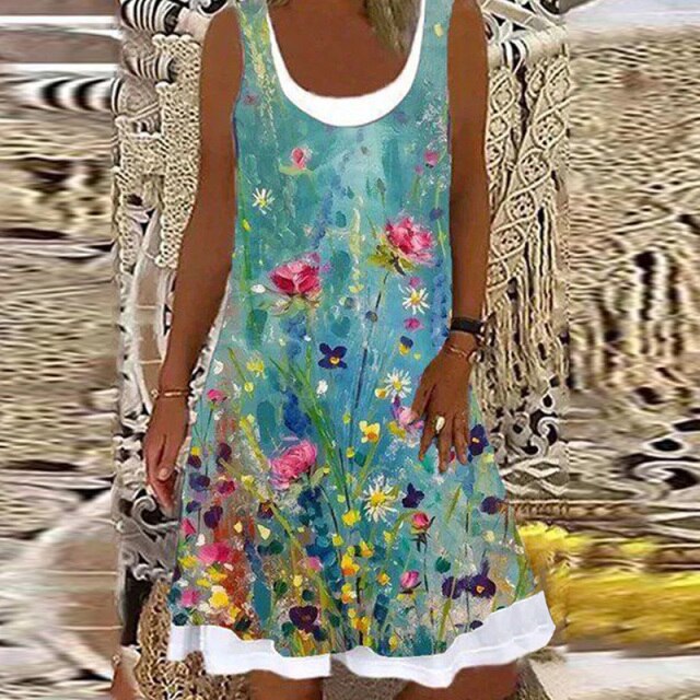 Women Summer Casual Denim Printing Sleeveless Dress 2021 Ladies Elegant O Neck Loose Mini Dress Streetwear Plus Size Retro Dress
