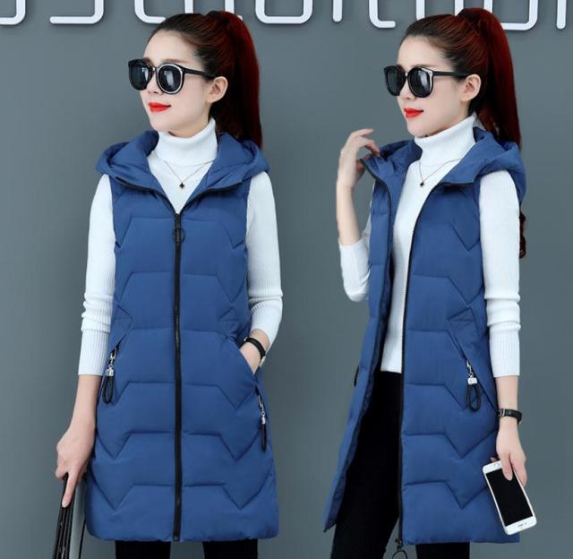 Plus Size Womens Hooded Long Section Vest Coats Large Size Winter Autumn Sleeveless Cotton Padded Jackets Warm Waistcoats K1194