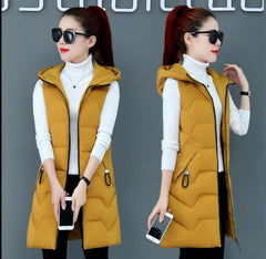 Plus Size Womens Hooded Long Section Vest Coats Large Size Winter Autumn Sleeveless Cotton Padded Jackets Warm Waistcoats K1194