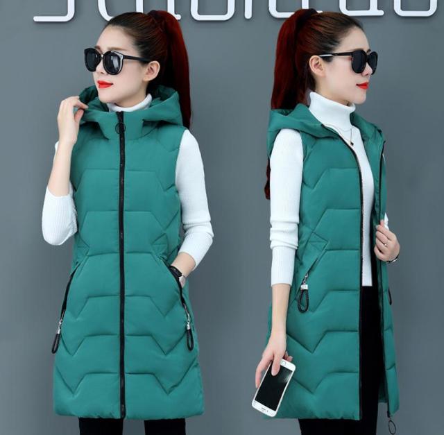 Plus Size Womens Hooded Long Section Vest Coats Large Size Winter Autumn Sleeveless Cotton Padded Jackets Warm Waistcoats K1194