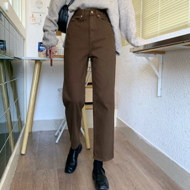 Autumn New Brown Straight Denim Vintage Slender Office Lady Jeans Women Trousers High Waist Large Size Pants Female KZ703