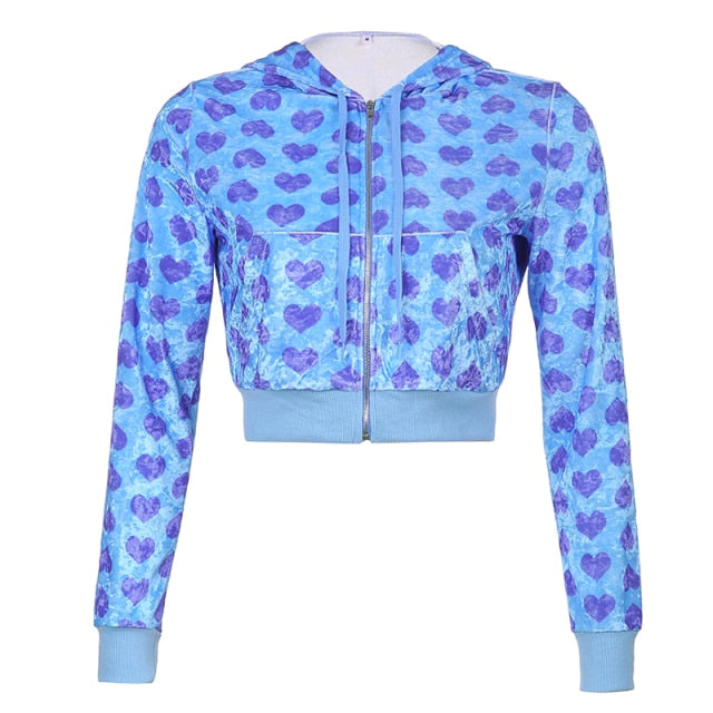 HEYounGIRL Velvet Heart Print Cropped Top Bomber Jacket Women Autumn Cute Pink Long Sleeve Coats Zipper Winter Y2K 90s Overcoat