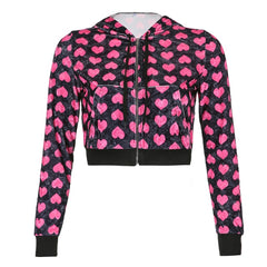 HEYounGIRL Velvet Heart Print Cropped Top Bomber Jacket Women Autumn Cute Pink Long Sleeve Coats Zipper Winter Y2K 90s Overcoat
