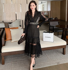 JSXDHK 2021 New Runway Designer Women Black Long Dress Elegant Spring Chiffon Patchwork Lace V Neck Lantern Sleeve Pleated Dress