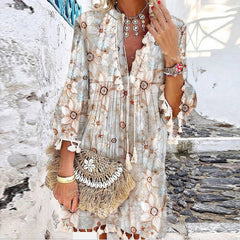 Women Vintage Print V Neck Tassel Mini Dress Casual Loose Three Quarter Sleeve Beach Dress 2022 Spring Summer Party Dress Femme