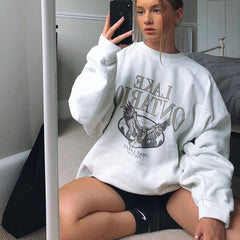 Streetwear Beige White Vintage Letter Printed High Quality Crewneck Sweatshirt Women Oversized Winter Clothes Tops Casual