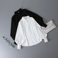 Lizakosht Lantern Sleeves Vintage Shirts Women Elegant White Womens Blouse with Lush Sleeves Fashion Button Up Shirt Black