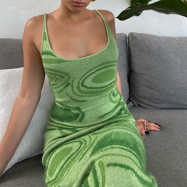 KANCOOL Print Knit Bodycon Dress Women Green Y2K Summer Hollow Out Sexy Sleeveless Spaghetti Strap  Midi Dresses Party