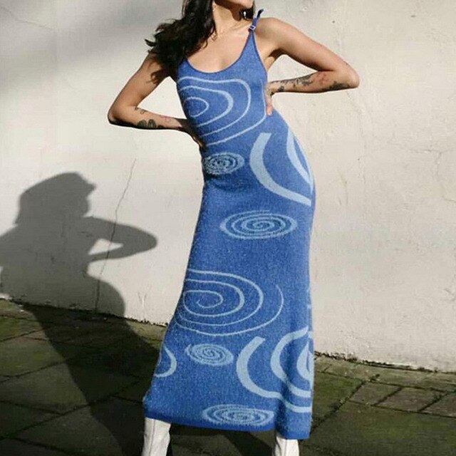 KANCOOL Print Knit Bodycon Dress Women Green Y2K Summer Hollow Out Sexy Sleeveless Spaghetti Strap  Midi Dresses Party