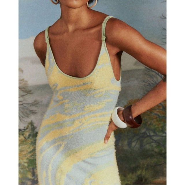 KANCOOL Print Knit Bodycon Dress Women Green Y2K Summer Hollow Out Sexy Sleeveless Spaghetti Strap  Midi Dresses Party