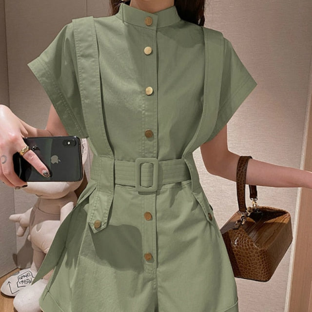 Rompers Women Short Sleeve with Sashes Solid Simple Office Ladies Work Wear European Style Plus Size S-3XL Slim Fashion Femme