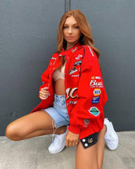 Women Autumn Coat Jacket Red Printed Casual Long Sleeve Oversized Jackets Sport Style Polyester Bomber Jacket Women Vintage 2021