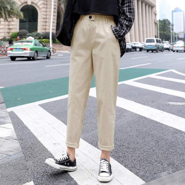 Lizakosht Womens Straight Casual Pants Fashion Overalls Korean High Waist Leisure Harem Pants Loose Elastic Waist Pants Women Trousers