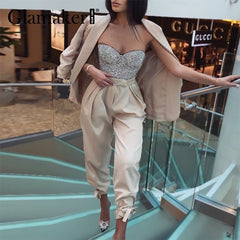 LizakoshtTwo piece set sexy blazer suits Women lace up casual top and pants Office ladies fashion streetwear female co ord set