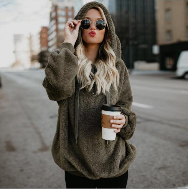 Women Fleece Hoodies  Long Sleeve Hooded Pullover Sweatshirt Autumn Winter Warm Zipper Pocket Fur Coat Plus Size 5XL