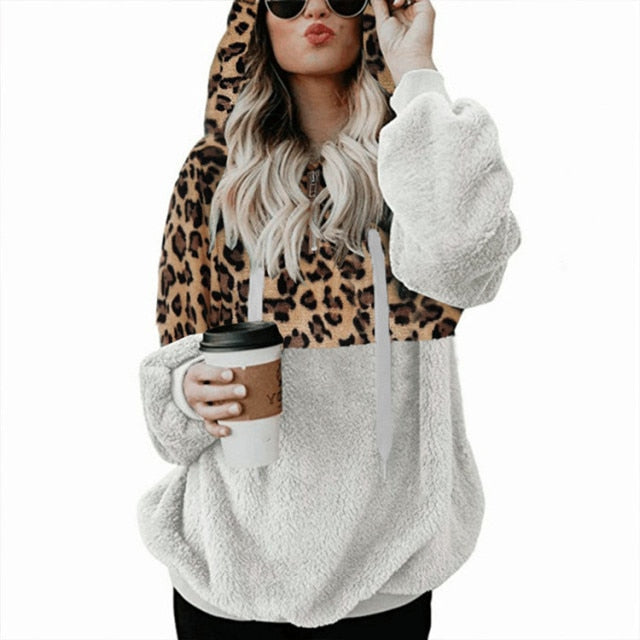 Women Fleece Hoodies  Long Sleeve Hooded Pullover Sweatshirt Autumn Winter Warm Zipper Pocket Fur Coat Plus Size 5XL
