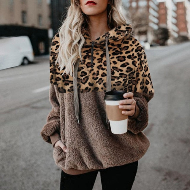 Women Fleece Hoodies  Long Sleeve Hooded Pullover Sweatshirt Autumn Winter Warm Zipper Pocket Fur Coat Plus Size 5XL