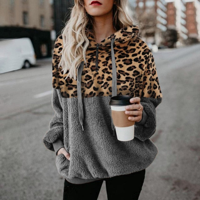 Women Fleece Hoodies  Long Sleeve Hooded Pullover Sweatshirt Autumn Winter Warm Zipper Pocket Fur Coat Plus Size 5XL