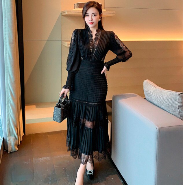 JSXDHK 2021 New Runway Designer Women Black Long Dress Elegant Spring Chiffon Patchwork Lace V Neck Lantern Sleeve Pleated Dress