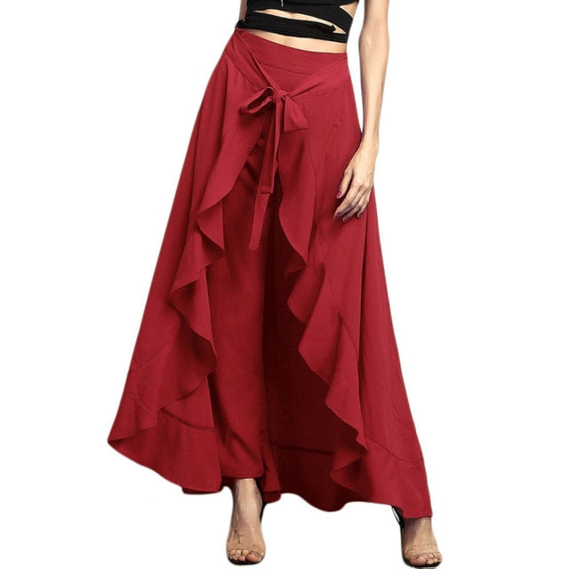 Women Palazzo Pants 2021 Causal Ruffle Drawstring Trouser Elegant High Waist Irregular Loose Pure Color Autumn Female Pant Skirt