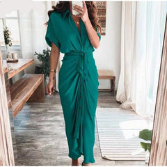 Women Summer Elegant Button Ruched Bandage Shirt Dress Fashion Casual Short Sleeve Solid V Neck Beach Maxi Dress