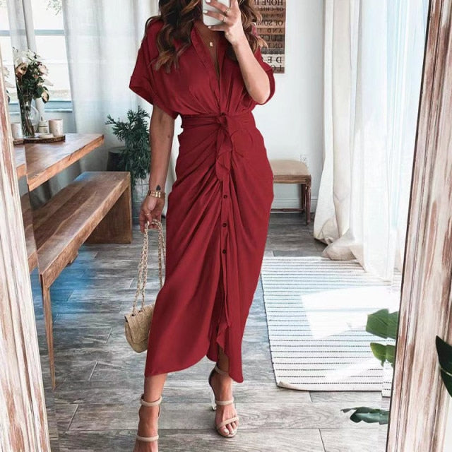 Women Summer Elegant Button Ruched Bandage Shirt Dress Fashion Casual Short Sleeve Solid V Neck Beach Maxi Dress