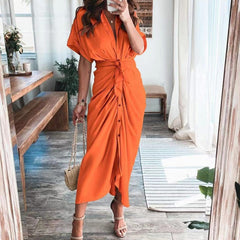 Women Summer Elegant Button Ruched Bandage Shirt Dress Fashion Casual Short Sleeve Solid V Neck Beach Maxi Dress