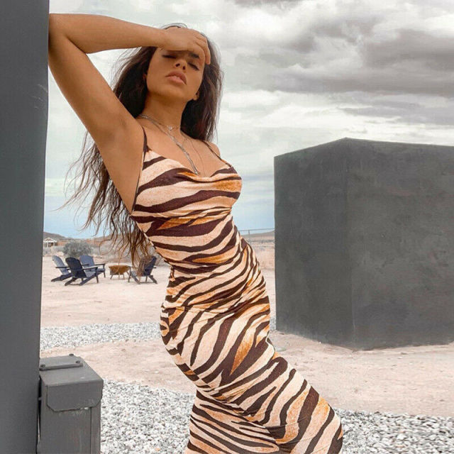 Women Dress Tiger Print Sleeveless Spaghetti Long Dress Bodycon Sexy Evening Party Maxi Dresses Clubwear NEW Sexy V Neck Leopard