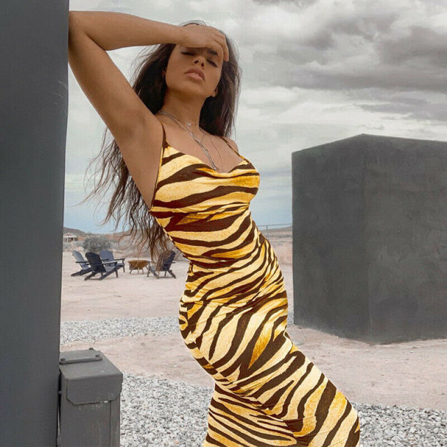 Women Dress Tiger Print Sleeveless Spaghetti Long Dress Bodycon Sexy Evening Party Maxi Dresses Clubwear NEW Sexy V Neck Leopard