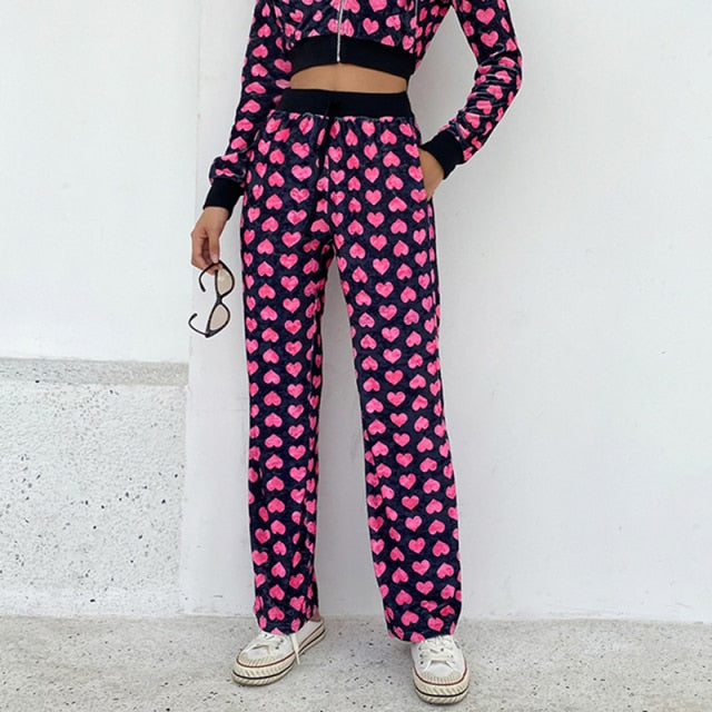 HEYounGIRL Velvet Heart Print Cropped Top Bomber Jacket Women Autumn Cute Pink Long Sleeve Coats Zipper Winter Y2K 90s Overcoat