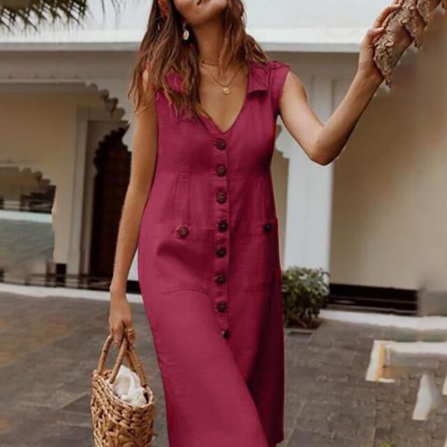 New Fashion Summer Women's Dress Boho Style V-Neck Waist Plus Size Casual Solid Color Sleeveless V Neck Pockets Midi Dress