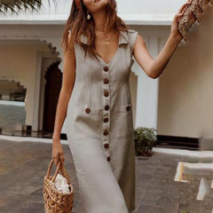 New Fashion Summer Women's Dress Boho Style V-Neck Waist Plus Size Casual Solid Color Sleeveless V Neck Pockets Midi Dress