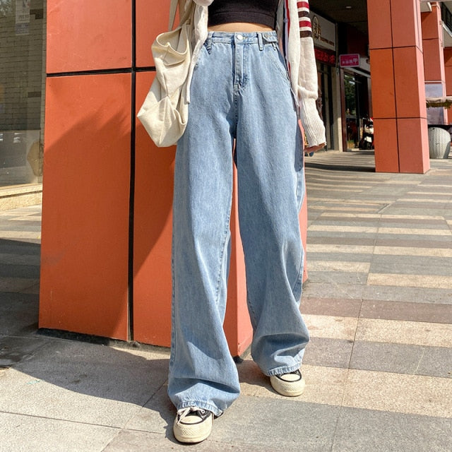 Lizakosht Korean Style Women Jeans Denim Boot Cut Wide Leg Jean Boots Fashion Loose Long Length Streetwear Female Pants Casual Solid Pants