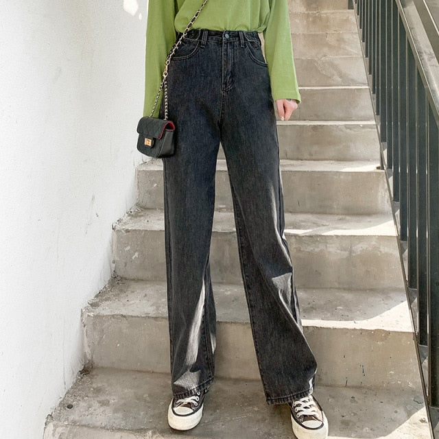 Lizakosht Korean Style Women Jeans Denim Boot Cut Wide Leg Jean Boots Fashion Loose Long Length Streetwear Female Pants Casual Solid Pants