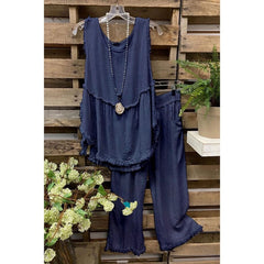 Summer Two Piece Set Ladies Fashion Casual Outfit Suit Women Sleeveless Tops Frayed Cotton Linen Vest + Wide Leg Pants Mujer Set