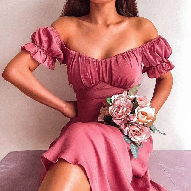 Lizakosht  2021 Summer's New Solid-colored Simple One-word Shoulder-length Skirt Summer Slash Neck  Puff Sleeve  Dresses for Women