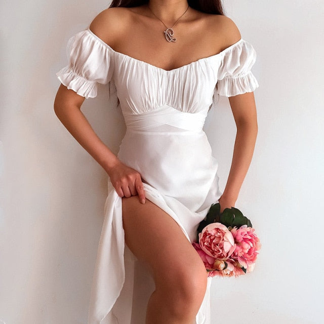 Lizakosht  2021 Summer's New Solid-colored Simple One-word Shoulder-length Skirt Summer Slash Neck  Puff Sleeve  Dresses for Women