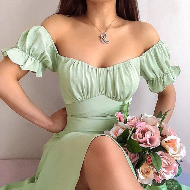 Lizakosht  2021 Summer's New Solid-colored Simple One-word Shoulder-length Skirt Summer Slash Neck  Puff Sleeve  Dresses for Women