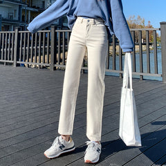 New Plus Size 5XL Mom Straight High Waist Jeans Women Classic Beige Black Korean Denim Pants Brand Pure Color Cowboy Trousers
