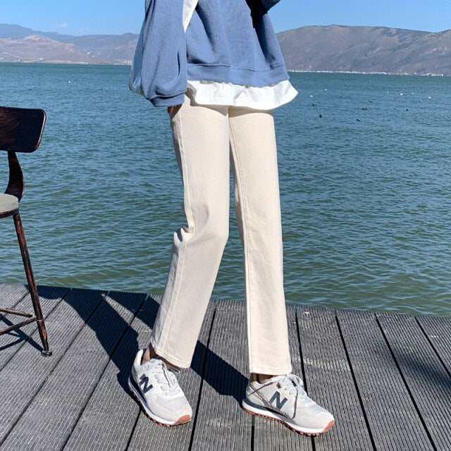 New Plus Size 5XL Mom Straight High Waist Jeans Women Classic Beige Black Korean Denim Pants Brand Pure Color Cowboy Trousers