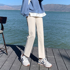 New Plus Size 5XL Mom Straight High Waist Jeans Women Classic Beige Black Korean Denim Pants Brand Pure Color Cowboy Trousers