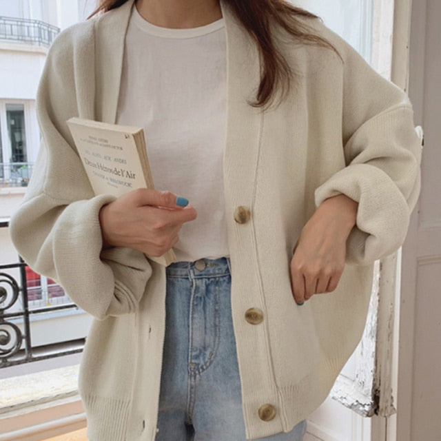 Colorfaith New 2021 Winter Spring Women's Sweaters V-Neck Buttons Cardigans Oversized Fashionable Korean Lady Knitwears SWC18190