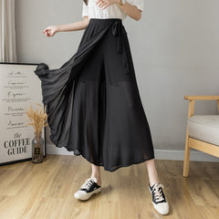 Spring Summer New Style Korean Women Pleated Chiffon Trousers Plus Size High Waist Pants Hakama Casual Wide Leg Pantalones